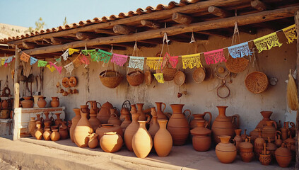 Artisan Pottery Shop: A vibrant display of handcrafted terracotta pots and jars adorns the exterior of a rustic adobe shop, embellished with colorful papel picado banners.