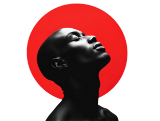 Isolated Serene African American Man with Red Circular Backdrop