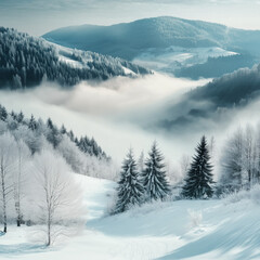 Snowy winter landscape with fog and fog in the mountains. Fairy Christmas landscape with fog in the mountains.