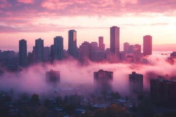 Fototapeta premium Modern city skyline with pink fog and colorful lights