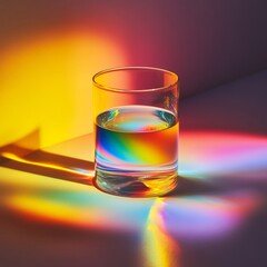 A vibrant glass of water reflecting colorful light. The interplay of colors creates a stunning visual experience. Perfect for artistic themes and designs. Captivating and unique. AI