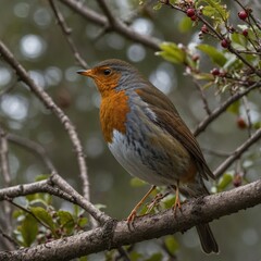 Fototapeta premium Small European robin perched upon a tree branch, surrounded by lush foliage A beautiful robin with a bright red breast perched on a blooming spring branch.