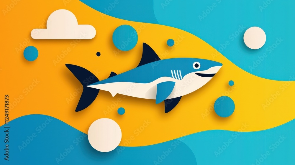 Poster shark surrounded by abstract wave patterns in a circular design