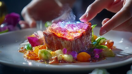A chef plating up an exquisite meal of meat vegetables