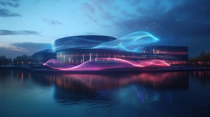 AI predicting future technology trends, glowing holographic data waves, cyber-themed futuristic research center