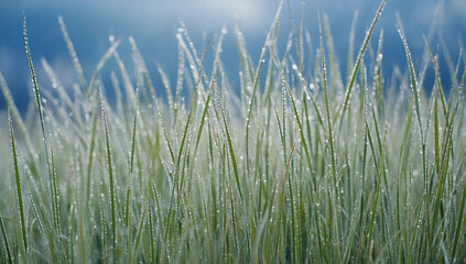 Dew-Kissed Grass Blades: Close-up of tall grass blades glistening with morning dew, bathed in soft, diffused light against a blurred background.  A serene and refreshing image. 