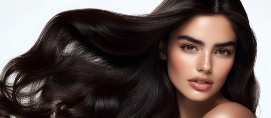 Obraz premium A captivating beauty portrait of a flawless model, an editorial fashion shoot. Insanely detailed photo of a beautiful woman with long hair, hair treatment adverstising. Generative AI