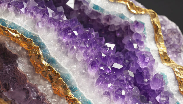 Amethyst Geode with Gold Accents: A mesmerizing amethyst geode with deep purple crystals  intertwined with sparkling gold accents. This intricate natural formation, adorned with a  gold leaf.