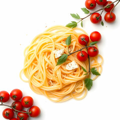 An Pastas with eggs and cherry tomatoes isolated on the blank background
