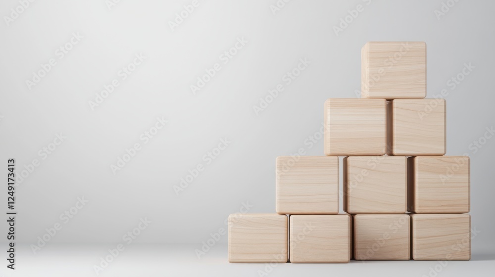 Poster wooden blocks arranged in a pyramid shape on a clean surface with soft natural lighting and neutral 
