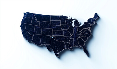 black silhouette of United States map with starry background, showcasing states and their outlines. This artistic representation highlights geographical features beautifully