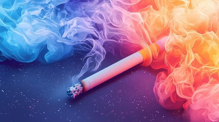A vibrant image of a cigarette surrounded by colorful smoke, blending blue and orange hues, creating a striking and artistic visual effect.