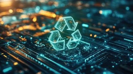 Recycling process visualized with energy flow arrows, glowing renewable cycle diagram, futuristic waste management system