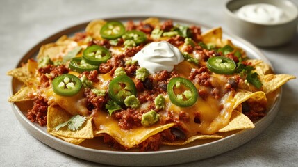 A plate of nachos with ground beef, cheese, jalapenos, guacamole, and sour cream.