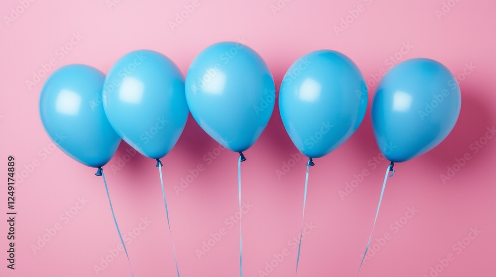 Poster blue balloons gracefully hover against a soft pink pastel backdrop, offering a minimalist yet playfu