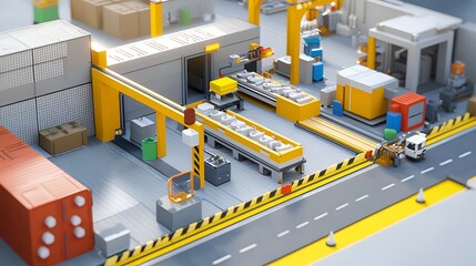 Factory automation, industrial production, conveyor belt, warehouse, logistics, background, 3D rendering, for industrial websites
