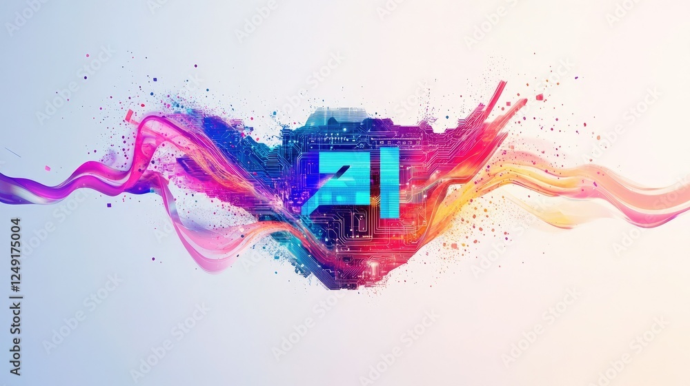 Aufkleber futuristic ai logo with a detailed circuit layout and vibrant, dynamic colorful flows surrounding it