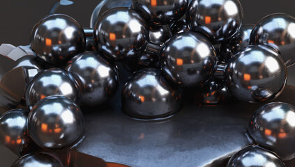 Metallic Sphere Cluster: A captivating close-up of a cluster of dark metallic spheres, reflecting light with intense highlights, creating a visually striking and abstract composition.
