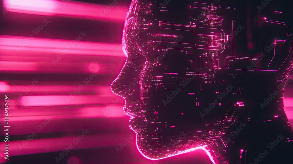 Poster futuristic concept showing a head outline with ai, circuits, and digital elements in a glowing, tech