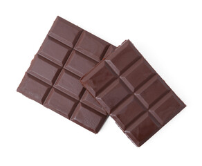 Pieces of delicious dark chocolate bar isolated on white, top view