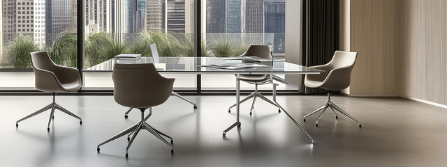 Minimalist negotiation room with empty chairs and a glass table, creating a clean and professional atmosphere.