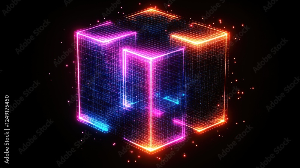 Poster futuristic digital cube blocks network in a glowing grid layout, symbolizing metaverse and advanced 