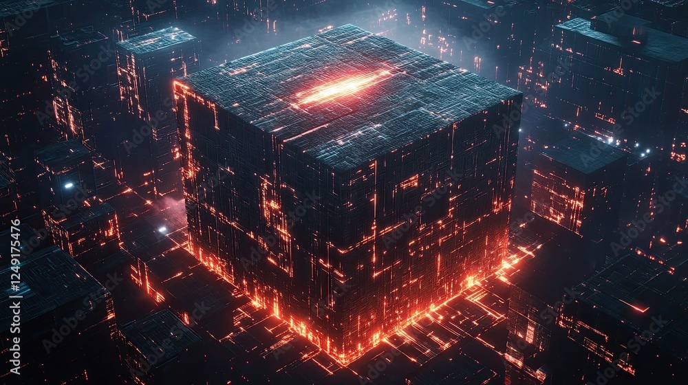 Poster futuristic digital cube blocks network in a glowing grid layout, symbolizing metaverse and advanced 