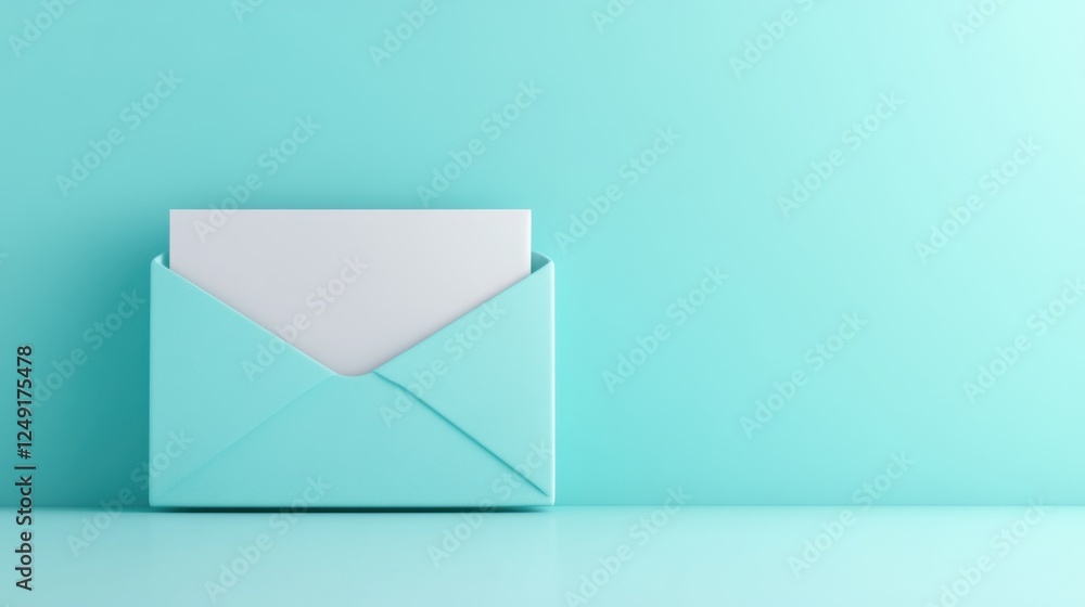Poster minimalist design of a simple blue envelope with blank paper on a soft turquoise background