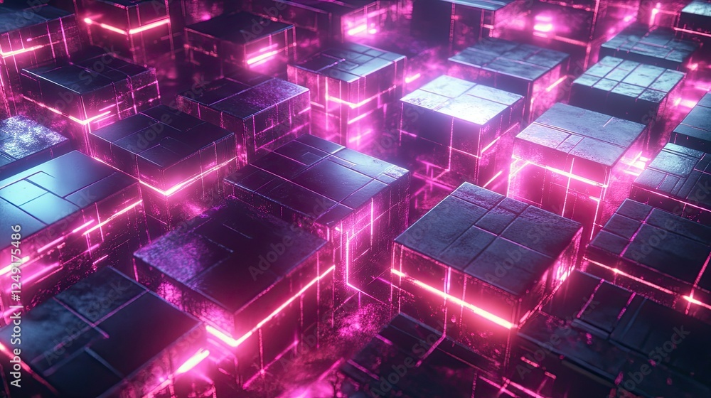 Poster futuristic digital cube blocks network in a glowing grid layout, symbolizing metaverse and advanced 