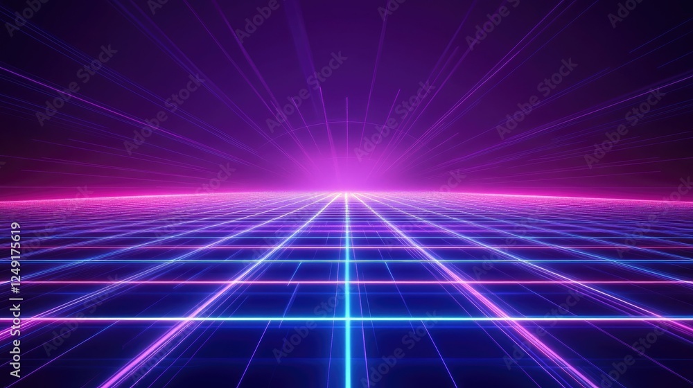 Poster futuristic digital world with pulsating neon grids and glowing lights, symbolizing innovation in a h