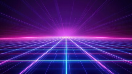 Futuristic digital world with pulsating neon grids and glowing lights, symbolizing innovation in a high-tech cyber environment.