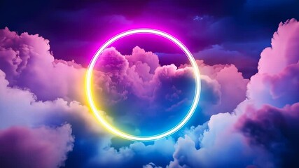 3d Colorful abstract cloud ring is illuminated by a glowing frame neon circle against a dark night sky, creating a surreal and vibrant atmosphere video 4k