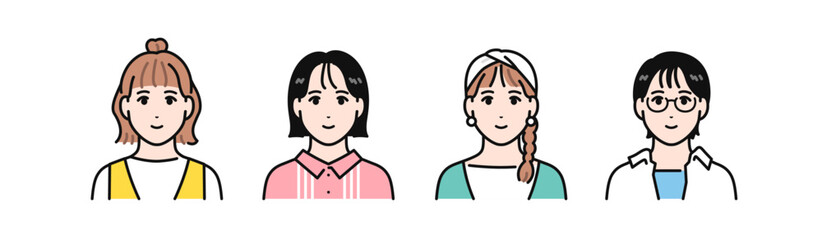 若い女性4人のシンプルなベクターイラストセット
