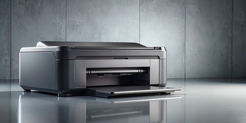 Fototapeta premium Sleek Black and Grey Office Printer with Ample Copy Space - High-Resolution Stock Photo