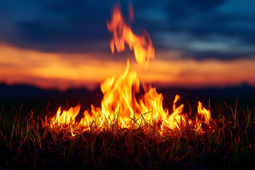 vibrant fire dances over grass at sunset, creating stunning contrast of colors. warm flames illuminate scene, evoking sense of warmth and tranquility