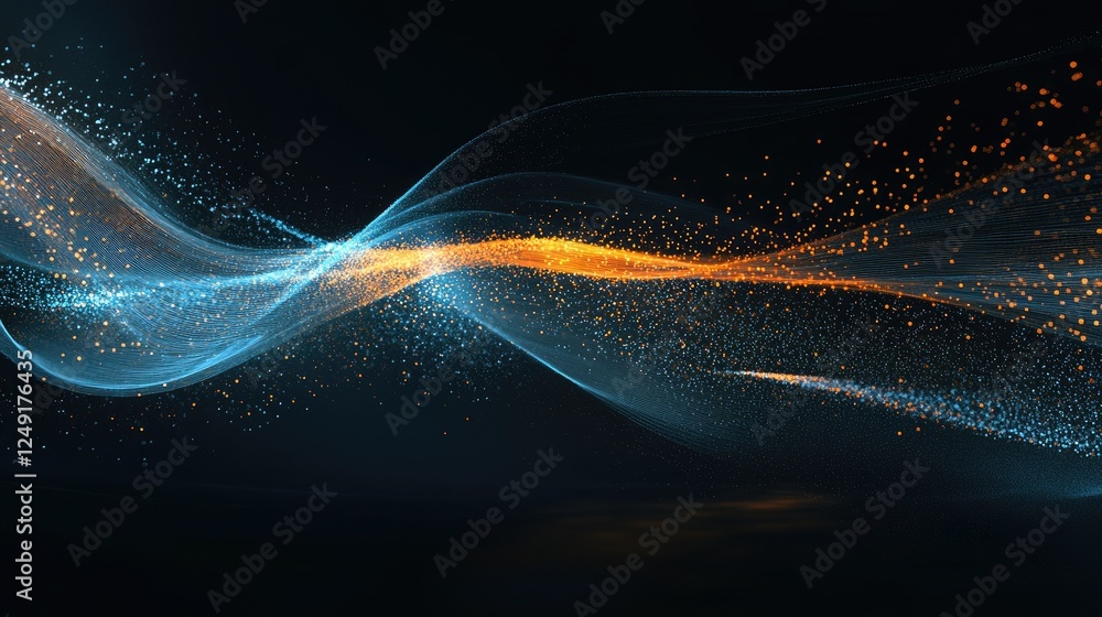 Poster glowing data streams in blue and orange highlight a futuristic digital interface for analysis and ad