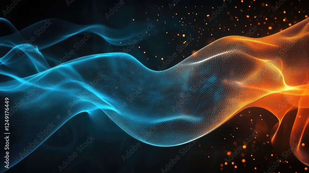Poster glowing data streams in blue and orange highlight a futuristic digital interface for analysis and ad