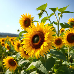 Obraz premium A group of sunflowers field on sunny day on blank background