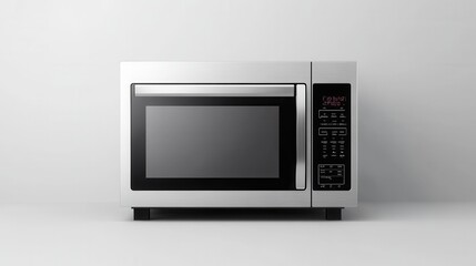 Fototapeta premium Modern stainless steel microwave oven with digital display and control panel isolated on light background