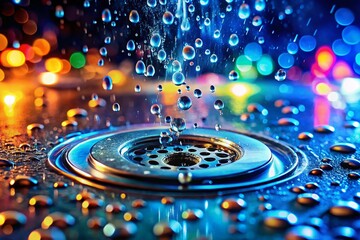 Slow Motion Water Droplets Pouring into Drain, Tilt-Shift Miniature Effect