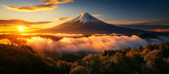 Majestic Mount Fuji in Japan at sunset, surrounded by clouds and autumn foliage, creates breathtaking landscape. warm colors of sky enhance serene atmosphere