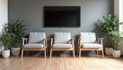 Sophisticated Wooden Waiting Room with Modern Armchairs and an Entertainment Area Featuring a Television for a Comfortable Living