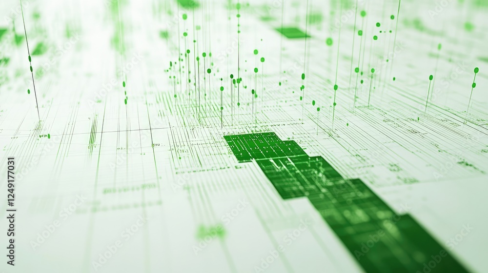 Poster green arrow and growth chart design with data points and gridlines on a clean white background.
