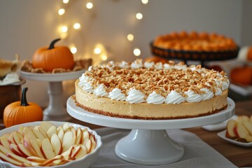 Thanksgiving pie with a whipped cream topping on a festive table