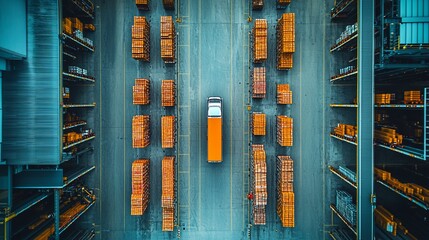 Obraz premium Aerial view truck in warehouse, palettes, logistics