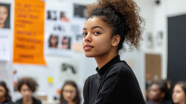 Young woman with curly hair in a fashion design studio engaged in creative process and surrounded by inspiration - Powered by Adobe
