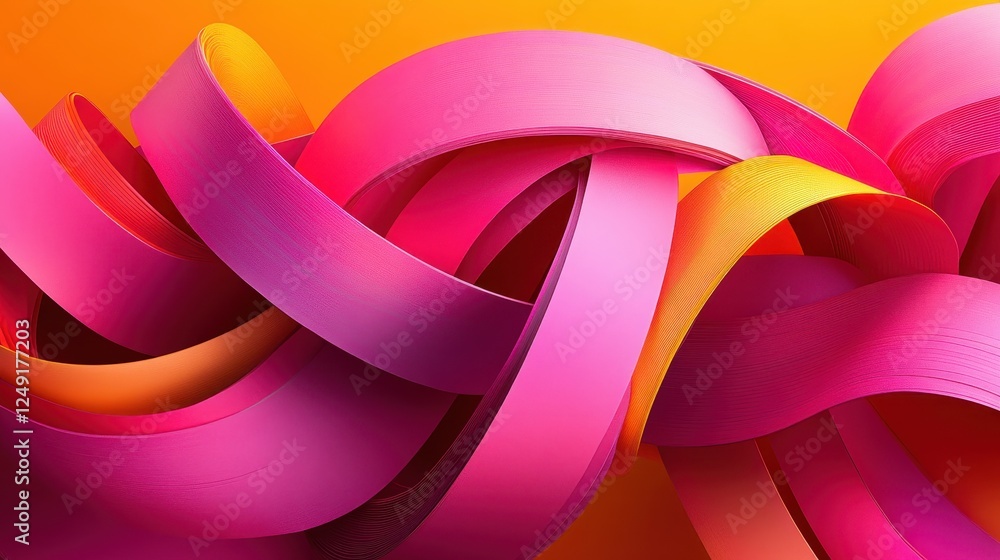 Poster abstract pink and orange ribbons swirl. background orange gradient. graphic design element