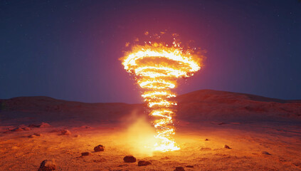 Obraz premium Fiery Vortex in Desert Night: A mesmerizing, swirling fire tornado dominates the frame against a deep twilight desert landscape, creating a dramatic and otherworldly scene.