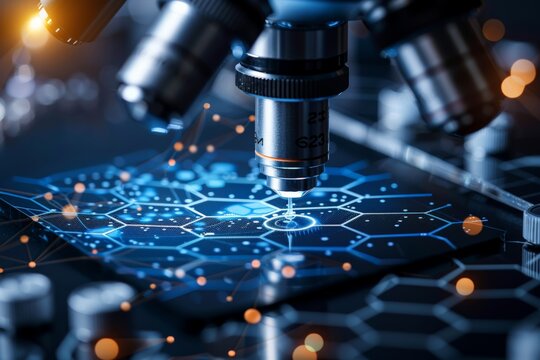   view of a microscope analyzing blockchain technology patterns on a digital surface, representing advanced data security, innovation, and its application in securely managing healthcare records. - Powered by Adobe