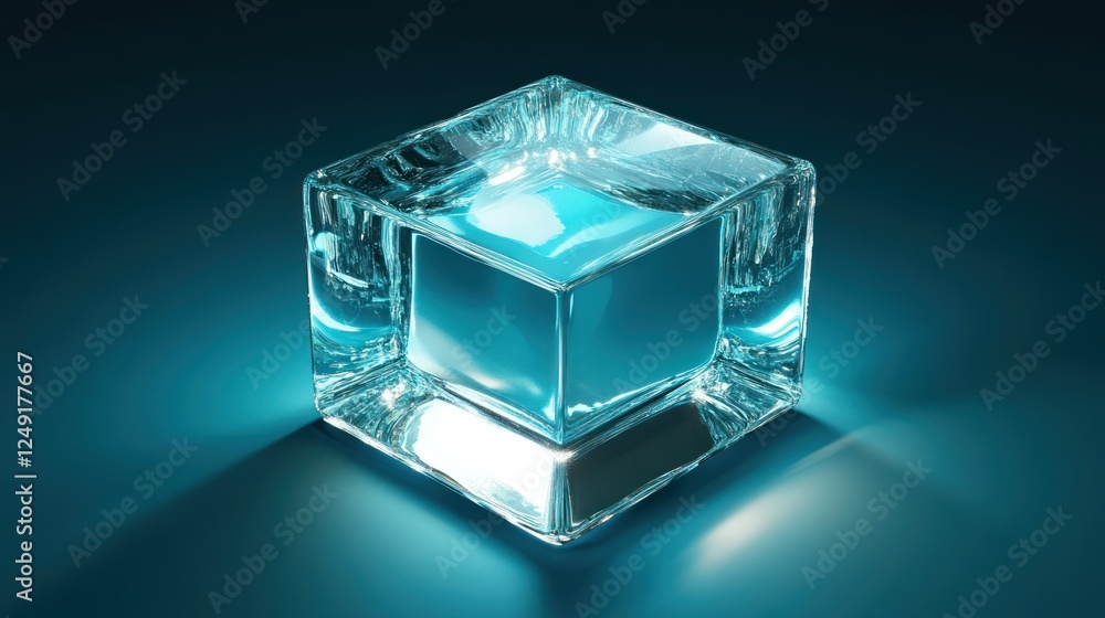 Poster A single, perfect, transparent ice cube on a dark background, illuminated from below, showing its crystalline structure and reflecting light.